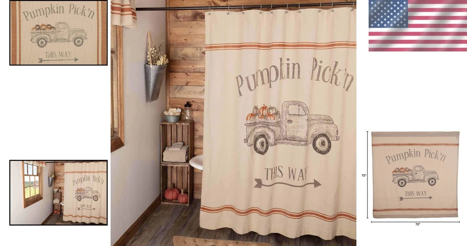 Encantadora cortina de ducha de 72" x 72" Harvest Market con calabazas y rayas rústicas Foto 2 de 4