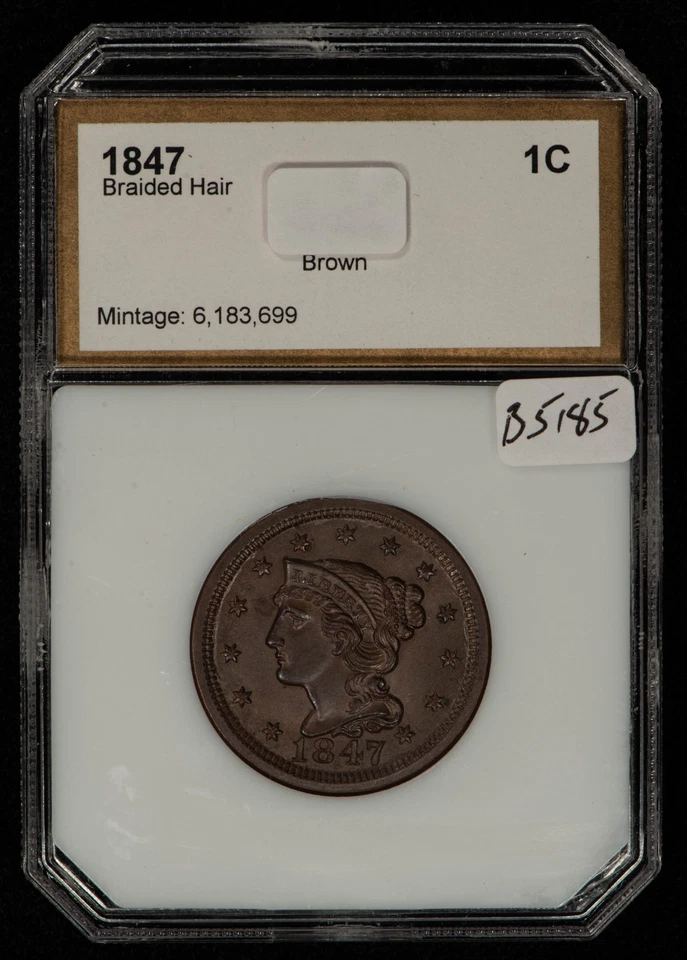 1847 1c Braided Hair Large Cent - PQ Brown - Original BU - Slab - VIDEO - B5185 - Image 2 of 4