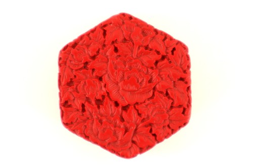 Carved Cinnabar TRINKET BOX Scarlet Red Hexagon 2-Piece Floral - Picture 5 of 9