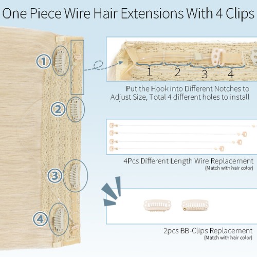 Invisible Hairpiece Wire on Clip in Human Hair Extensions Thick Headband & Ring - Picture 4 of 38