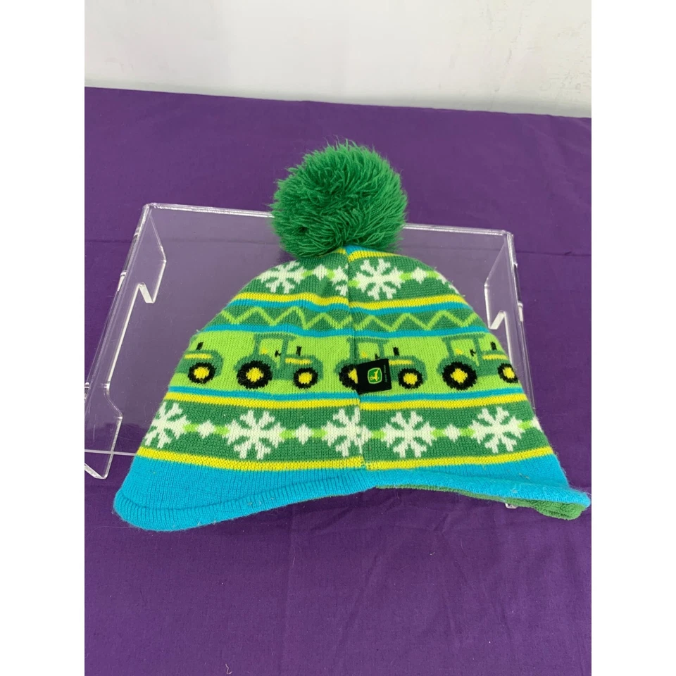 John Deer Toddle Talla Única Tractor Copo de Nieve Verde Azul Gorro Sombrero Pompón Foto 2 de 4