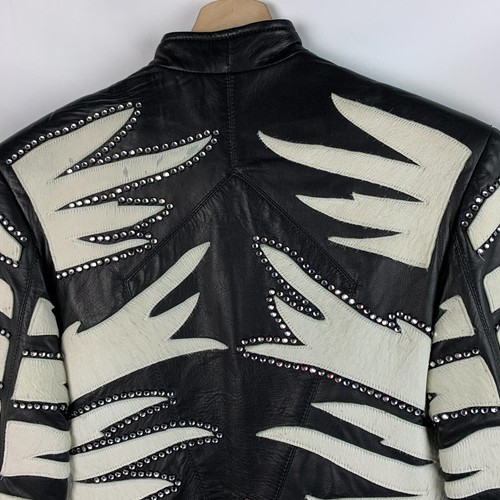Kippys Jacket Black Lamb Leather/White Cowhide Rhinestone Design Zip Lined Sz 6 - Picture 5 of 13