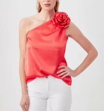 NWT- Trina Turk 'Solaro' One-Shoulder Hammered-Satin Top, Capri Coral - Large