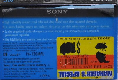 Sony 120 min 8mm Standard Video Cassette (P6-120MPL) NEW / SEALED