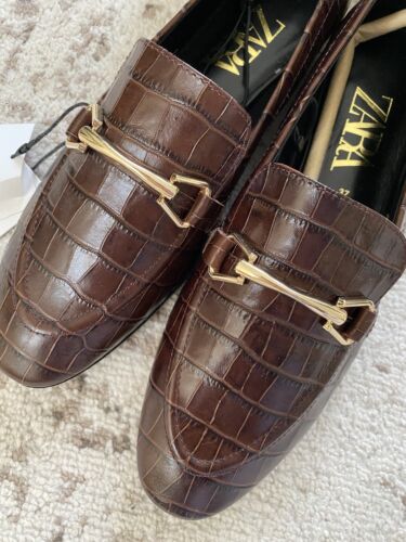 Nuove scarpe mocassini Zara donna coccodrillo stampa animalier pelle marrone 6,5 - Foto 5 di 6