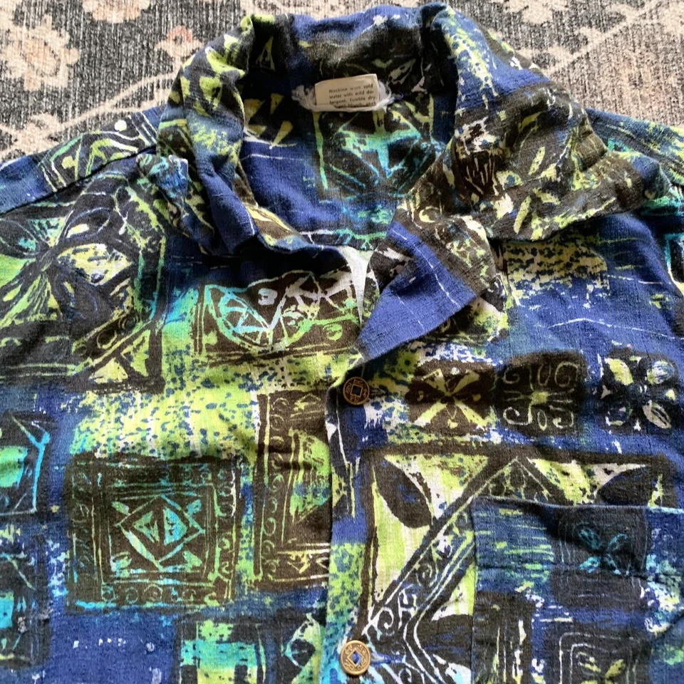Camisa Hawaiana De Colección Moda de Hawaii Vibrante Azul Verde Metal Botones Pequeña Foto 4 de 4