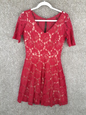 Danny and Nicole Lace V-Neck Dress Womens 6 Red Nude A-Line Short Sleeve Chic