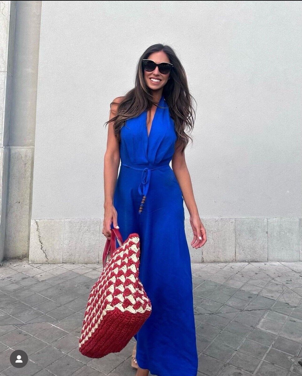 NWT_ ZARA WOMAN FW23 LINEN BLEND HALTER DRESS INK BLUE