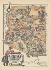 Arizona small state map by Jacques Liozu 1946 old vintage plan chart