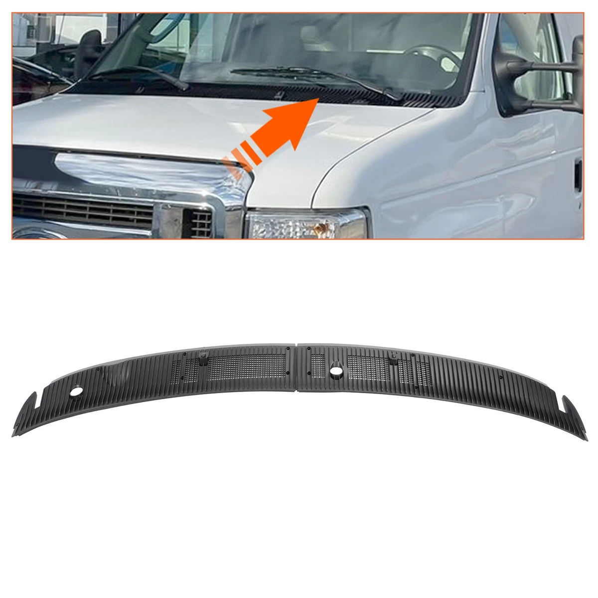 HECASA Front Wiper Cowl Panel Grille Set For Ford E-Series 1992-2024 - Black ABS
