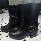 Women’s Black Mid Calf Biker Boots Zip Closure Block Heel Buckle Studded