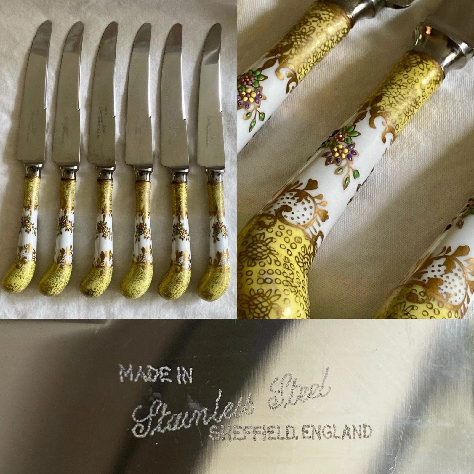 Sheffield England Yellow & Floral Porcelain Handle Serrated Knives Lot of 6 (Y4)
Opens in a new wind