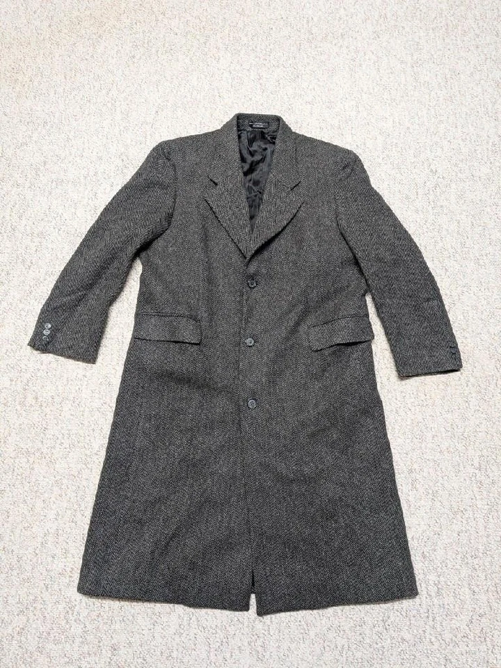 vintage TWEED donegal wool OVERCOAT trench 46 charcoal gray HERRINGBONE xl - Image 3 of 4