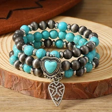 3pcs Handmade Boho Turquoise Bead Bracelet Retro Heart Pendant Bracelet Jewelry