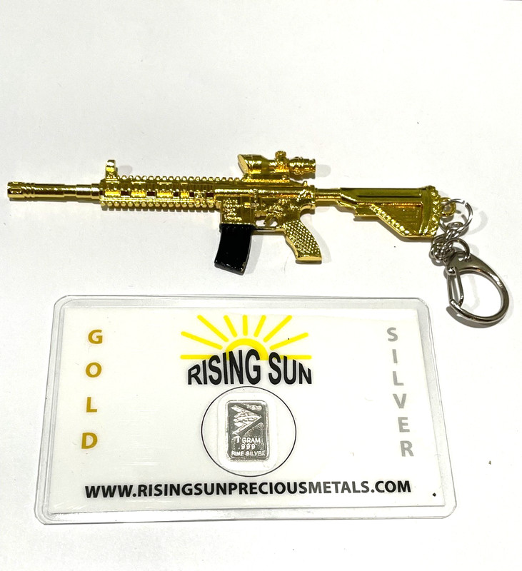 .999 Pure Silver bar + keychain Military Rifle Gold Plated M4 Rifle 5.75" Long