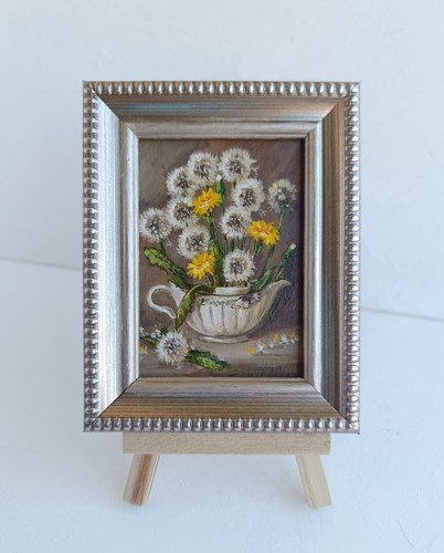 ACEO Dandelions in White Vase Oil Painting Framed Still Life artwork 2.5x3.5 in