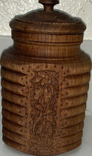 Hand-Carved Brown Floral Wood Lidded Jar/Cani...