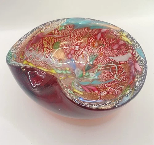 VTG Murano Glass Bowl Tutti Fruiti Style Bold Colors Rods Canes Silver Flecks