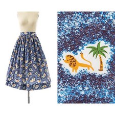 Vintage 1950s Skirt 50s Novelty Print Cotton Lion Leo Tree Print Blue Full Swing