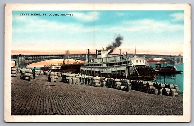 Postcard Riverboat @ Levee Barrels & Bridge St. Louis Missouri Unp. Linen   E 21