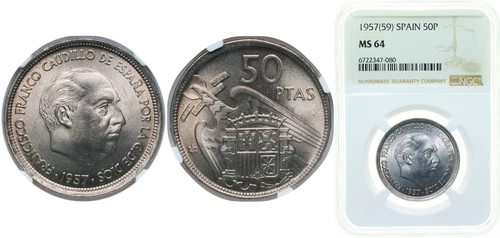 Spain 1957 59 50 Pesetas Coppernickel NGC MS 64