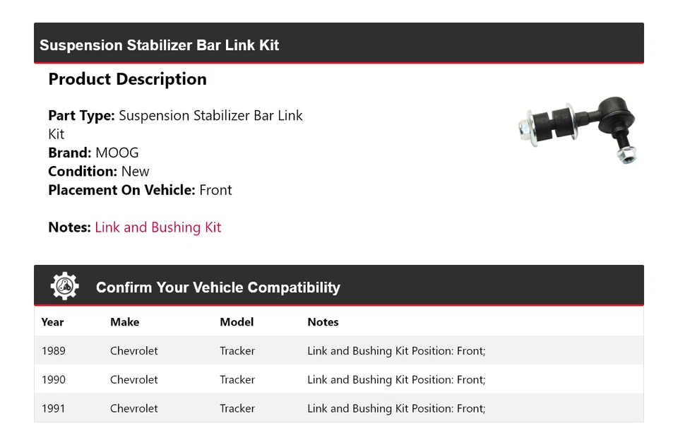 For 1989-1991 Chevrolet Tracker Suspension Stabilizer Bar Link Kit Front MOOG - Image 2 of 4