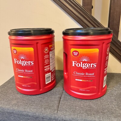 (2) Empty Folgers Classic Roast Ground Coffee 1.2Kg Cans/Plastic Containers  