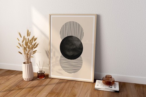 Black and Beige Abstract Circle Line Art Set of 3 Wall Canvas Paintings - Picture 4 of 6