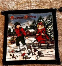 Textile Wall Hanging decor Pulling Sled GIRL GUY DOG XMAS SCENE Vintag