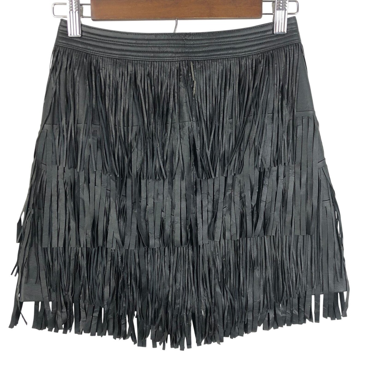H&M DBlack Vegan Faux Suede Leather Tassel/Fringe Mini Skirt XS 24