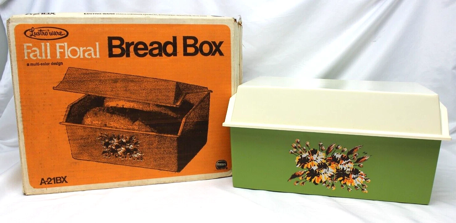 RARE Vtg Lustro-Ware Fall Floral Bread Box A-21BX Brt. Avocado 15.5 x 7.75" USA