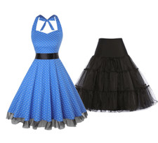 2PCS Pinup Retro 1950s Rockabilly Tulle Hem Halter Dress w/Belt  Petticoat NEW