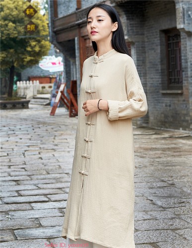 New Women Martial Arts Tai Chi Tang Suit Linen Kung Fu Tops Long Coat Retro Robe - Picture 8 of 15