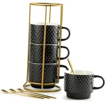  Stackable Coffee Mugs Set of 4 with Rack & Spoons Coffee Mug Set 13 OZ., Black