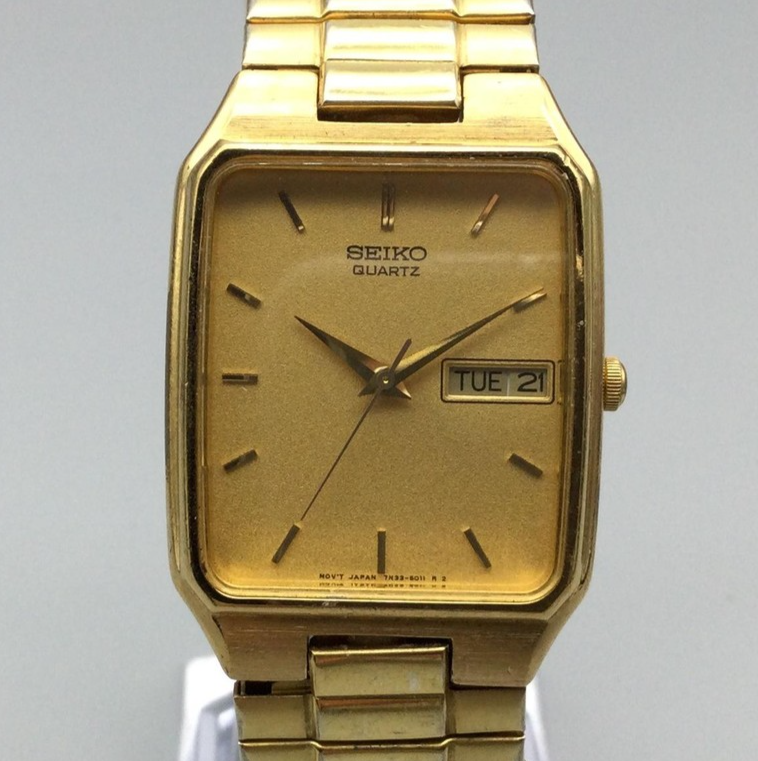 Seiko Tank Watch Men 28mm Gold Dial Gold Tone Rectangle 7N33