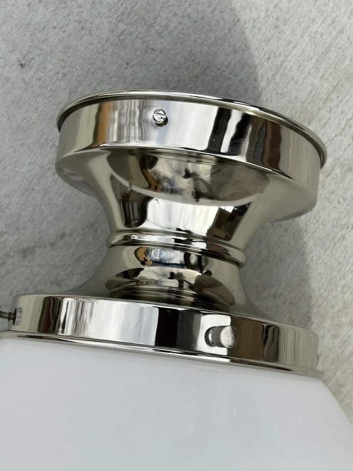Large Vintage Opal Glass Shade Polished Nickel Fixture Semi-Flush Schoolhouse - Image 2 of 4