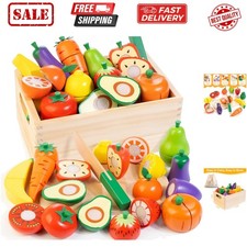 Wooden Play Food for Toddlers, Fruit and Veggies Cutting Set for Kids, Preten...