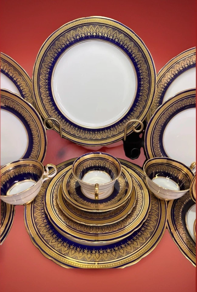 AYNSLEY azul cobalto ouro aro vieira incrustado padrão Simcoe conjunto de 12 pessoas  - Imagem 3 de 4