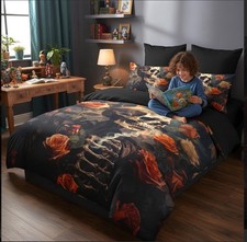 Skull Comforter Queen Size Kids/Adult Black/RedWhite Skull Bedding Set with Rose