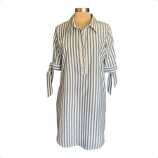 J Gee Gray White Striped Short Sleeve Shirt Dress LARGE Coastal Preppy Travel