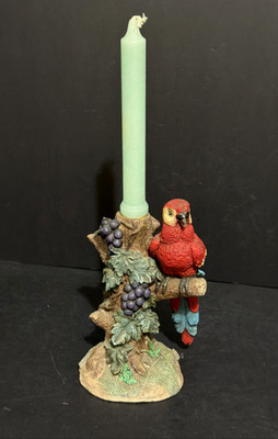 Vintage Red Scarlet Macaw Parrot Candle Holder Natural Pose Tree w/Grapes
