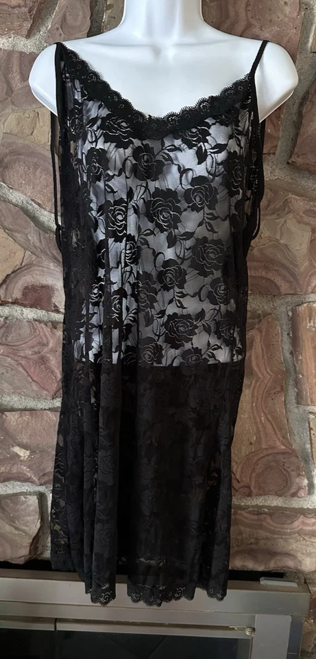 DELTA BURKE Camisón Negro Satinado Negligee Talla 2x Encaje Transparente sl ¡Sexy! Foto 3 de 4
