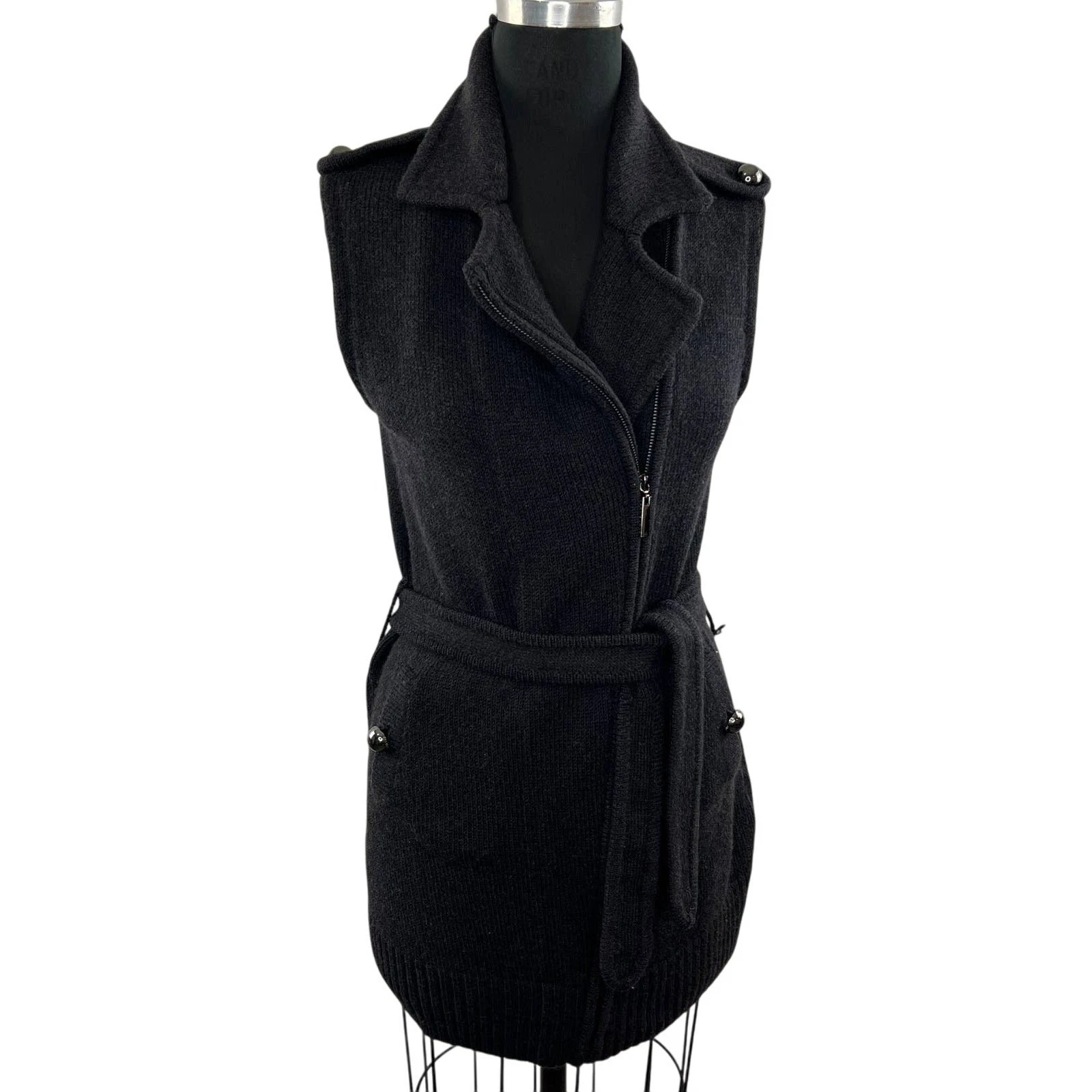 TORY BURCH grigio scuro cintura lana merino zip intera maglione smanicato giacca gilet S