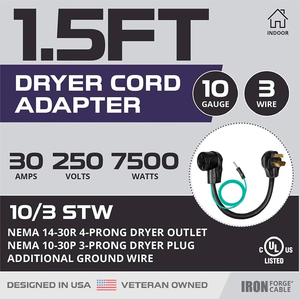 4 Prong to 3 Prong Dryer Plug Adapter - 1.5 Ft STW 10/3 Black Outlet Adapter - Image 2 of 4