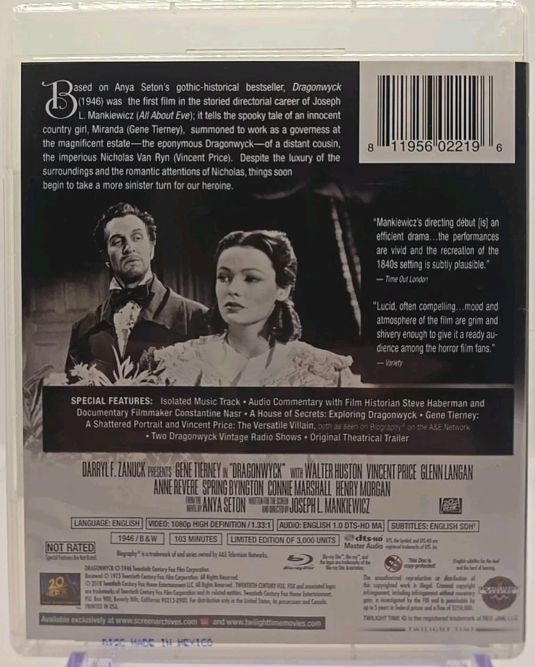 Dragonwyck (Blu-ray, 1946) Twilight Time ~ OOP ~ Vincent Price ~ Gene Tierney ~ - Image 4 of 4