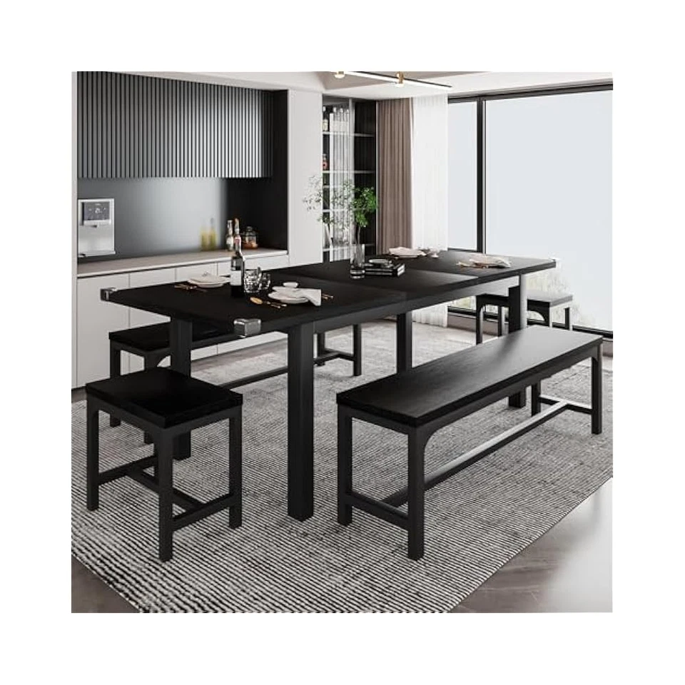 Juego de Mesa de Comedor 5 Piezas, Extensible, con 2 Bancos 2 Taburetes, Negro Foto 3 de 4