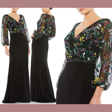 NWT Mac Duggal 14 79379 Embroidered Illusion Puff Sleeve Column Gown S1524
