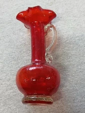 Vintage Crackle Glass Pitcher Vase Ruby Red With Clear Handle (#374)