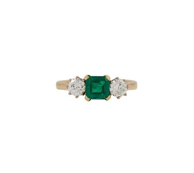 Garrard 1986 London 0.81ct Emerald & 0.32ctw Diamond Three Stone Ring 18K W/Box