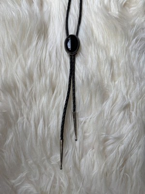 Vintage D Guerro Navajo Sterling Silver Bolo Tie Black Stone Leather Cord Signed